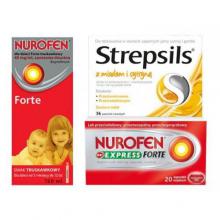 Zestaw STREPSILS mi&oacute;d+cytryna + Nurofen Express Forte + Nurofen dla dzieci Forte truskawkowy