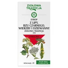 Zdjęcie produktu - Ziołowa Tradycja Syrop z lipy, bzu czarnego, wierzby i dziewanny, 125 g KR&Oacute;TKA DATA 30.11.2026