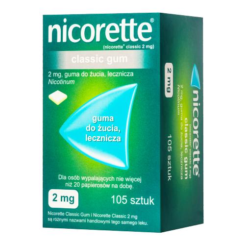 Miniaturka artykułu - Nicorette Classic Gum Guma do żucia lecznicza 2 mg, 105 sztuk
