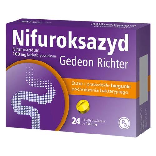 Miniaturka artykułu -  NIFUROKSAZYD Gedeon Richter 100 mg - 24 tabletki Lek na zakażenie przewodu pokarmowego, biegunkę USZKODZONE TEKTUROWE OPAKOWANIE