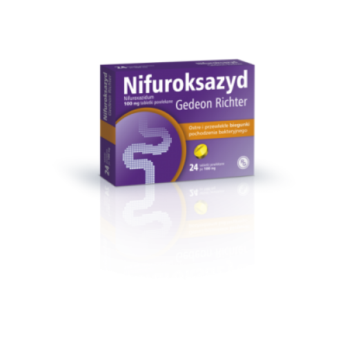 Miniaturka artykułu -  NIFUROKSAZYD Gedeon Richter 100 mg - 24 tabletki Lek na zakażenie przewodu pokarmowego, biegunkę USZKODZONE TEKTUROWE OPAKOWANIE