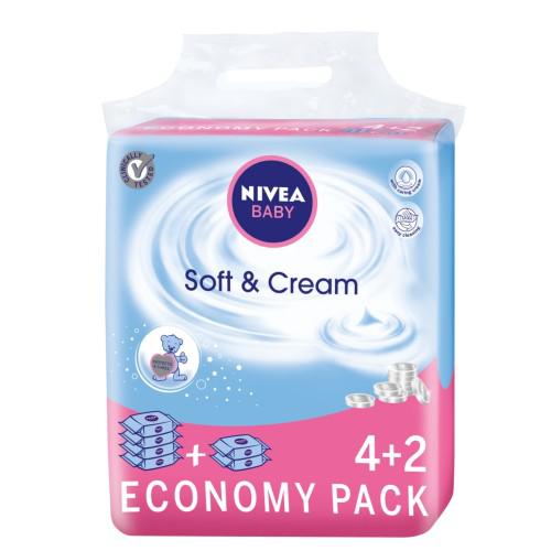 Miniaturka artykułu - NIVEA Baby Soft & Cream Chusteczki nawilżane, 6x 63 sztuki