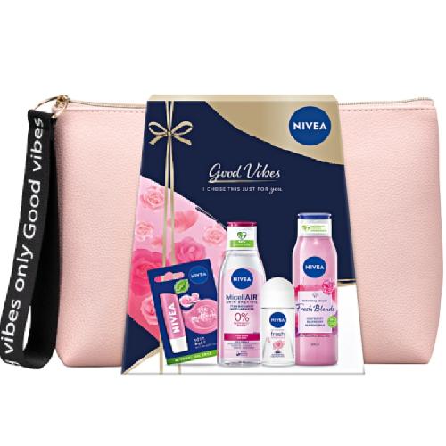 Miniaturka artykułu - NIVEA Good Vibes Zestaw: Żel pod prysznic, 300ml + Płyn micelarny, 200ml + Pomadka 4,8g + Antyperspirant w kulce, 50ml