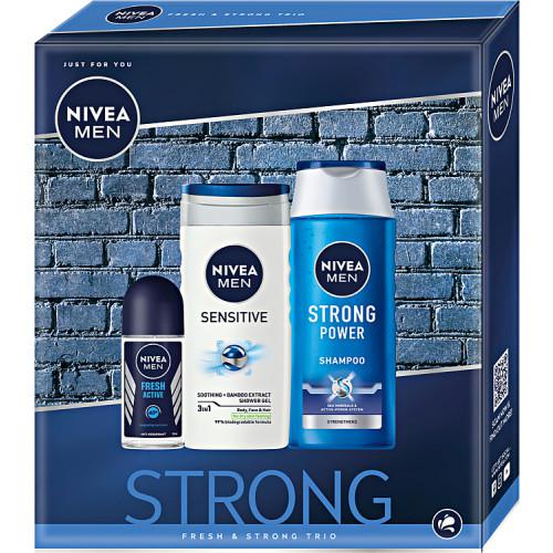 Miniaturka artykułu - NIVEA Men Fresh&Strong Zestaw kosmetyk&oacute;w dla mężczyzny Antyperspirant roll-on, 50ml + Żel pod prysznic 3w1, 250ml + Szampon do włos&oacute;w, 250ml