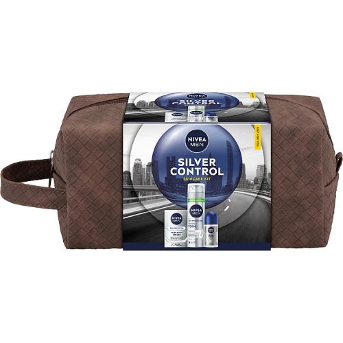 Miniaturka artykułu - Nivea Men Zestaw kosmetyk&oacute;w dla mężczyzn Silver Control Balsam po goleniu, 100 ml + Pianka do golenia, 200 ml + Antyperspirant Roll-On, 50 ml + kosmetyczka