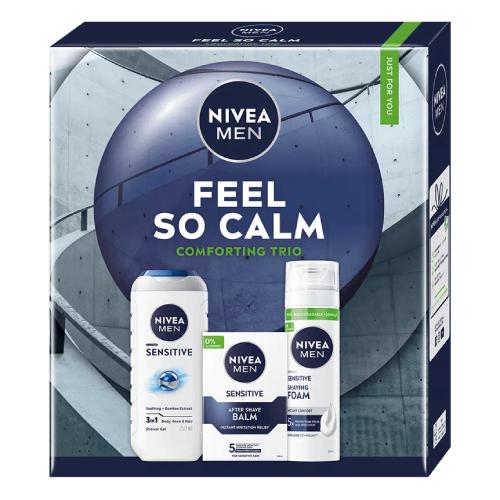 Miniaturka artykułu - Nivea Men Zestaw Feel so Calm Comforting Trio dla mężczyzn (Żel pod prysznic, 250 ml + Pianka do golenia, 200 ml + Balsam po goleniu, 100 ml)