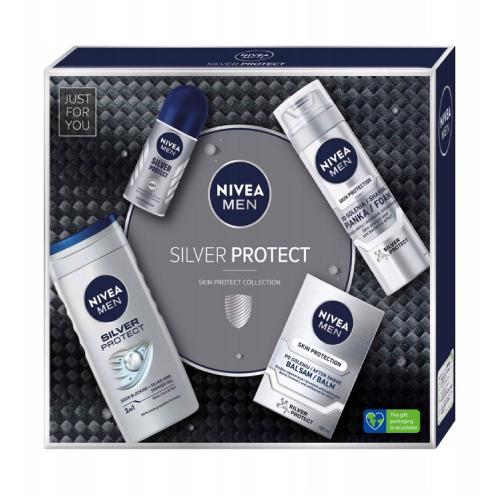 Miniaturka artykułu - NIVEA Men Zestaw Silver Protect: Żel pod prysznic, 250ml + pianka do golenia, 200ml + balsam po goleniu, 100ml + deo roll-on, 50ml