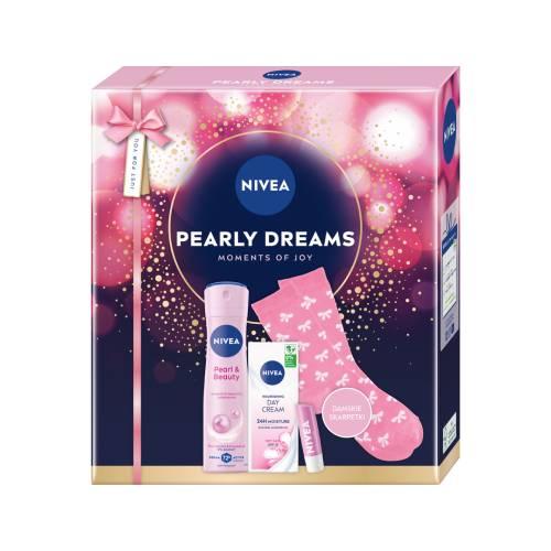 Miniaturka artykułu - Nivea Pearly Dreams Zestaw kosmetyk&oacute;w dla kobiet Antyperspirant w sprayu, 150 ml + Krem na dzień SPF 15, 50 ml + Pielęgnująca pomadka do ust, 4,8 g + Skarpetki damskie, 1 para