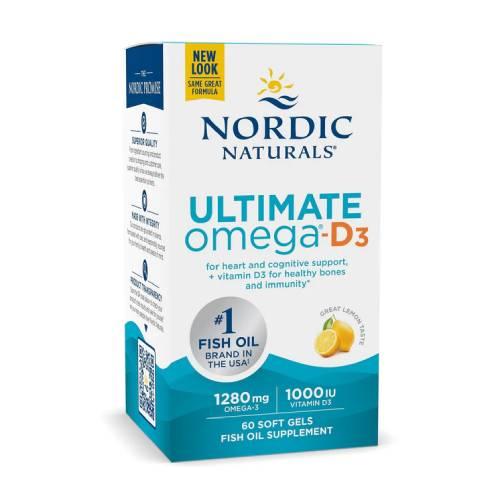 Miniaturka artykułu - Nordic Naturals Ultimate Omega z witaminą D3 1280 mg smak cytrynowy, 120 kaps.