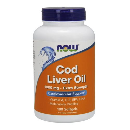 Miniaturka artykułu - NOW FOODS Cod Liver Oil 1000 mg Extra Strength tran, 180 kaps.