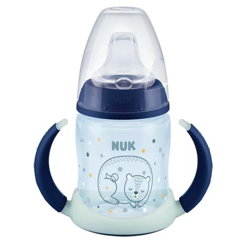 Miniaturka artykułu - NUK FIRST CHOICE NIGHT Butelka do nauki picia z uchwytem i silikonowym ustnikiem niekapkiem niebieska, 150ml
