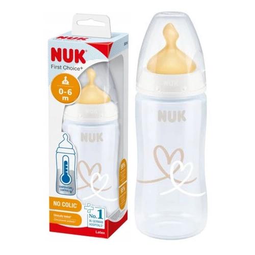 Miniaturka artykułu - NUK First Choice+ Butelka ze wskaźnikiem temperatury ze smoczkiem lateksowym 0-6m biała, 300ml