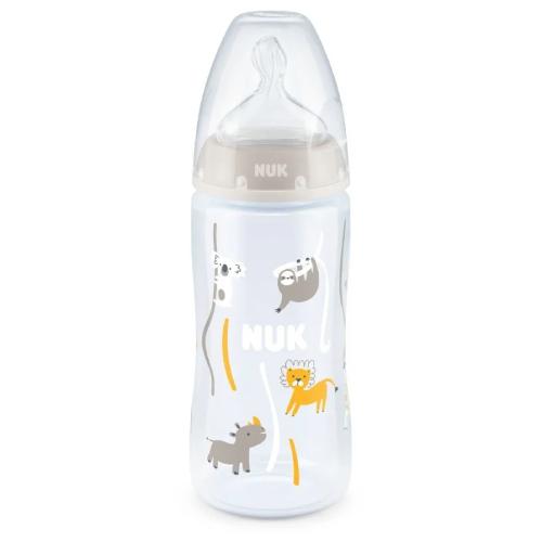 Miniaturka artykułu - NUK First Choice+ Butelka ze wskaźnikiem temperatury ze smoczkiem lateksowym 0-6m M szara, 300ml