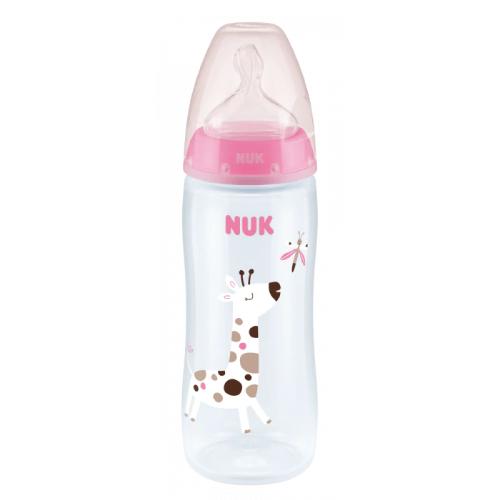 Miniaturka artykułu - NUK First Choice+ Butelka ze wskaźnikiem temperatury ze smoczkiem lateksowym 0-6m Żyrafa (r&oacute;żowa), 300ml