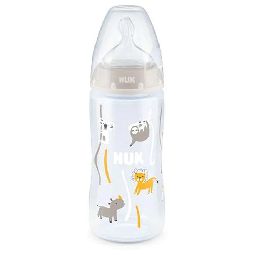 Miniaturka artykułu - NUK First Choice+ Butelka ze wskaźnikiem temperatury ze smoczkiem silikonowym 0-6m M szara, 300ml