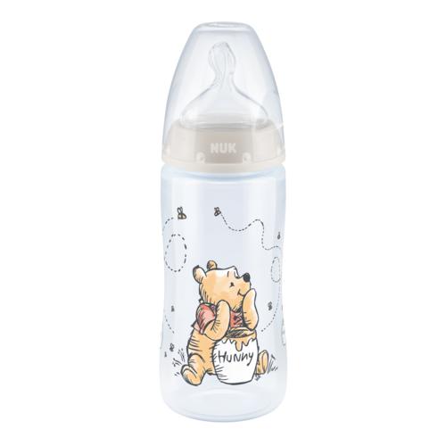 Miniaturka artykułu - NUK First Choice+ Butelka ze wskaźnikiem temperatury ze smoczkiem silikonowym 0-6m M szara Kubuś Puchatek, 300ml	