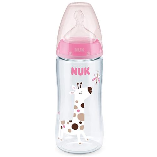 Miniaturka artykułu - NUK First Choice Plus Butelka ze wskaźnikiem temperatury ze smoczkiem silikonowym (0-6m) M r&oacute;żowa, 300ml