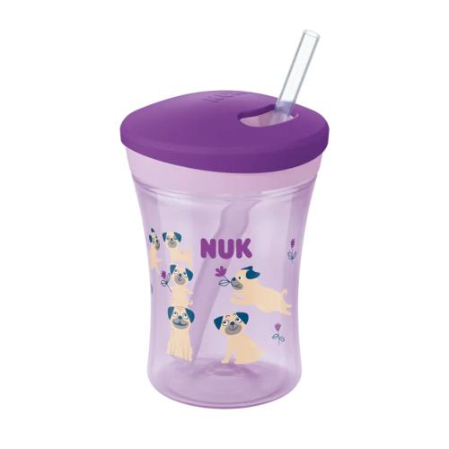 Miniaturka artykułu - NUK Kubek niekapek Evolution Action Cup z silikonową słomką fioletowy/pieski, 230ml
