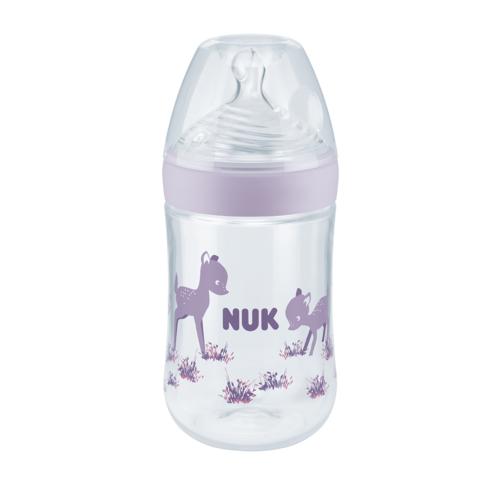Miniaturka artykułu - NUK Nature Sense Butelka ze wskaźnikiem temperatury M 6-18m fioletowa Jelonek, 260ml
