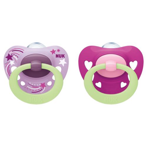 Miniaturka artykułu - NUK Signature Night Smoczek silikonowy uspokajający 6-18m girl, 2 sztuki	