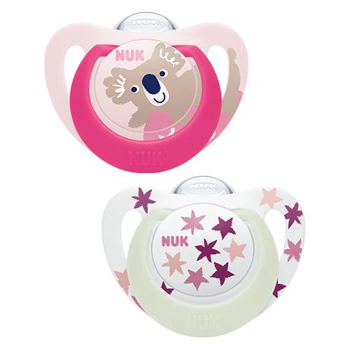 Miniaturka artykułu - NUK Smoczek silikonowy uspokajający Star Day&Night 6-18 m Girl, 2 szt.