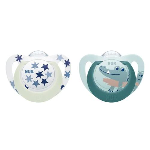 Miniaturka artykułu - NUK Smoczek silikonowy uspokajający Star Day&Night 6-18 m Boy, 2 szt.