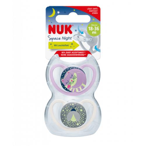 Miniaturka artykułu - NUK SPACE NIGHT Smoczek uspokajający 18-36 mies. r&oacute;żowy/biały, 2szt.	