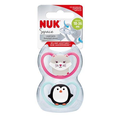 Miniaturka artykułu - NUK SPACE Smoczek silikonowy uspakajający 18-36m różowy i niebieski - girl, 2 sztuki