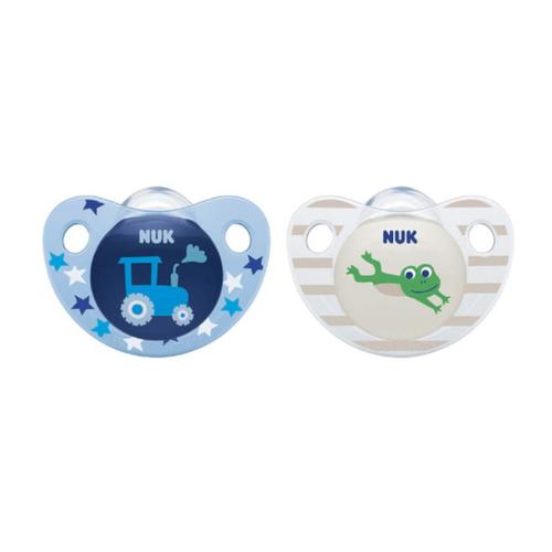 Miniaturka artykułu - NUK Trendline Silikonowy smoczek uspokajający 6-18m Boy Lokomotywa/Żaba, 2szt.