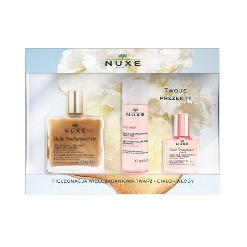 NUXE HUILE PRODIGIEUSE Or Zestaw: suchy olejek z drobinkami, 50 ml + woda micelarna 3w1, 50 ml + suchy olejek, 10ml