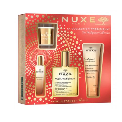 NUXE Prodigieuse Zestaw: Suchy olejek, 100ml + Woda perfumowana, 15ml + Olejek pod prysznic, 100ml + Świeczka zapachowa, 70g