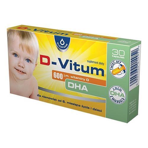 Miniaturka artykułu - Oleofarm D-Vitum 600 j.m. witaminy D DHA - 30 kapsułek twist-off USZKODZONE OPAKOWANIE