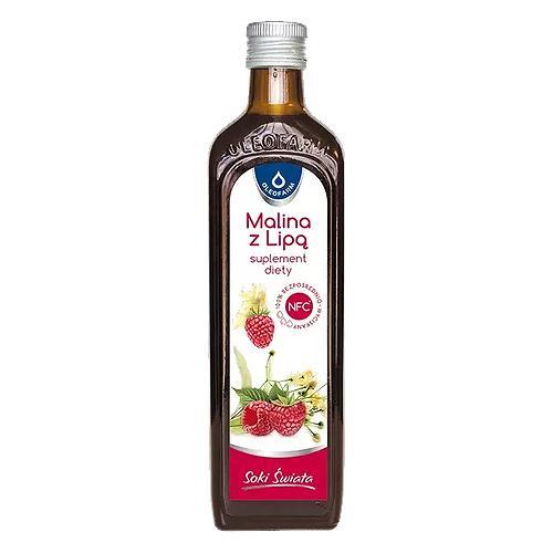 Miniaturka artykułu - OLEOFARM Sok malinowy z lipą, 490ml  KR&Oacute;TKA DATA 31.10.2026