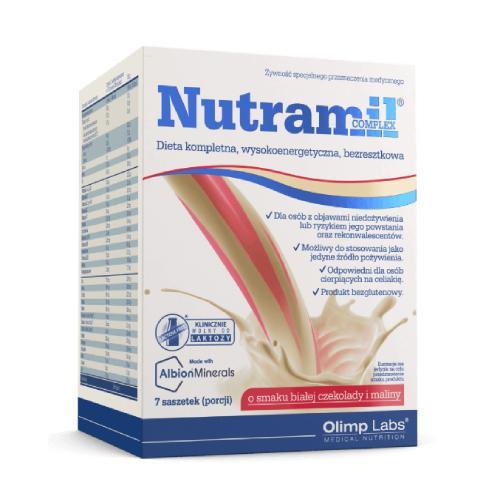 Miniaturka artykułu - OLIMP Nutramil Complex biała czekolada z maliną, 7 saszetek USZKODZONY KARTON