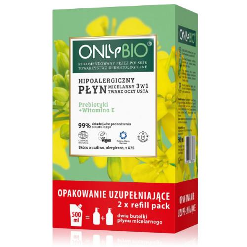 Miniaturka artykułu - OnlyBio ONLYBIO Hipoalergiczny płyn micelarny 3w1, 500ml (2x250ml) REFILL 