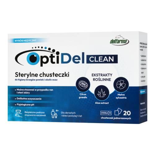 Miniaturka artykułu - OptiDel Clean Sterylne chusteczki do higieny brzeg&oacute;w powiek i okolic oczu, 20 szt.