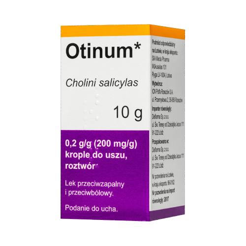 Miniaturka artykułu - Otinum 0,2 g/g (200 mg/g) krople do uszu, roztw&oacute;r, 10 g - lek przeciwzapalny i przeciwb&oacute;lowy