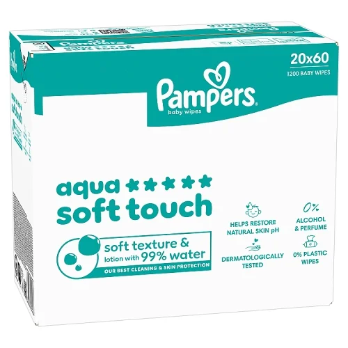 Miniaturka artykułu - Pampers Aqua Soft Touch Chusteczki nawilżane dla dzieci, 20 x 60 szt.