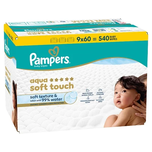 Miniaturka artykułu - Pampers Aqua Soft Touch Chusteczki nawilżane dla dzieci, 9 x 60 szt.