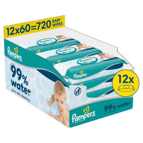 Miniaturka artykułu - Pampers 99% Water Chusteczki nawilżane, 12 x 60 szt.