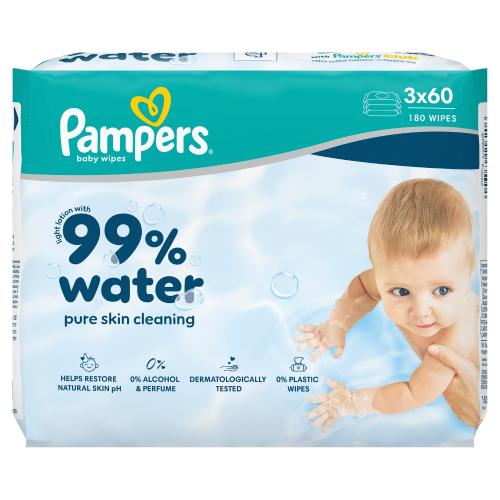 Miniaturka artykułu - Pampers 99% Water Chusteczki nawilżane, 3 x 60 szt.