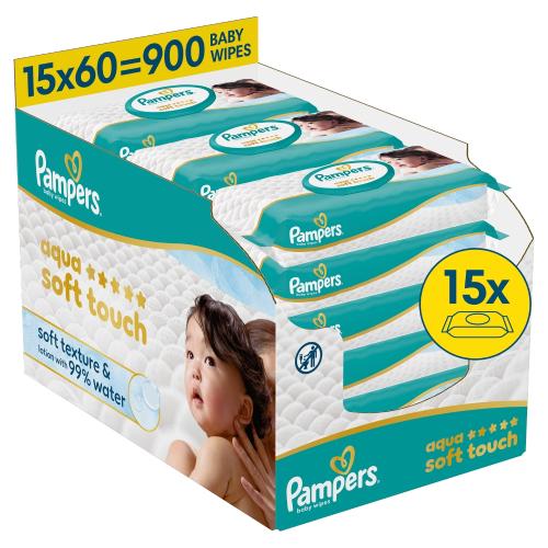 Miniaturka artykułu - Pampers Aqua Soft Touch Chusteczki nawilżane, 15 x 60 szt.
