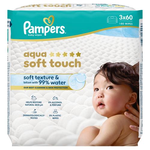 Miniaturka artykułu - Pampers Aqua Soft Touch Chusteczki nawilżane, 3 x 60 szt.