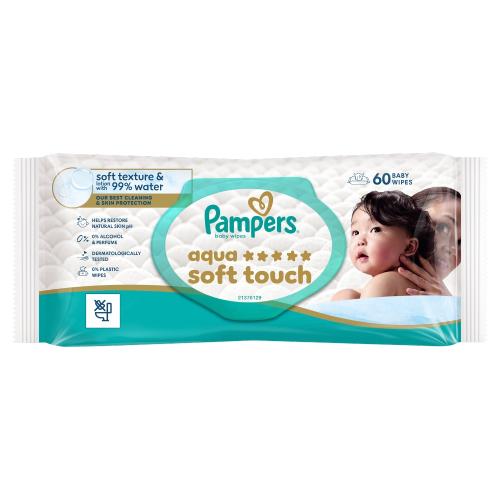 Miniaturka artykułu - Pampers Aqua Soft Touch Chusteczki nawilżane, 60 szt.