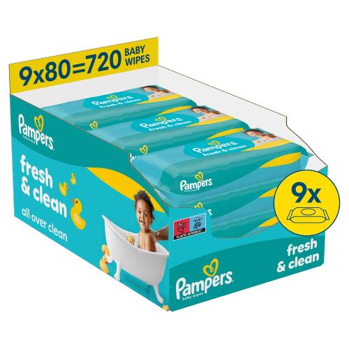 Miniaturka artykułu - Pampers Fresh Clean Chusteczki nawilżane, 9 x 80 szt.