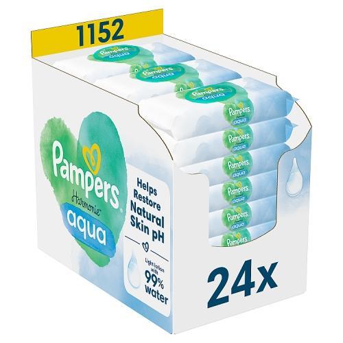 Miniaturka artykułu - Pampers Harmonie Aqua Chusteczki nawilżane dla dzieci, 24x48szt. USZKODZONY KARTON