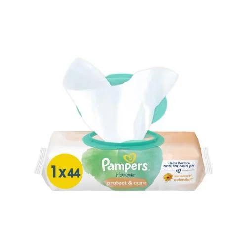 Miniaturka artykułu - Pampers Harmonie Protect&Care Chusteczki nawilżane, 44szt. KR&Oacute;TKA DATA 15.10.2026