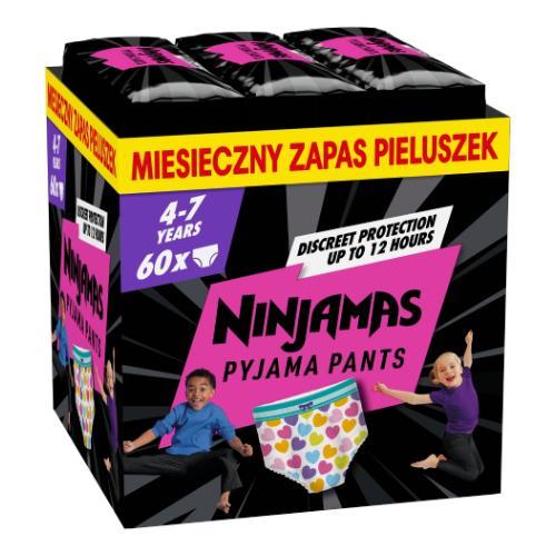 Miniaturka artykułu - PAMPERS NINJAMAS Pieluchomajtki na noc dla dziewczynek 4-7 lat (17-30 kg), 60 szt. BRAK TEKTUROWEGO OPAKOWANIA/ USZKODZONE FOLIOWE OPAKOWANIE
