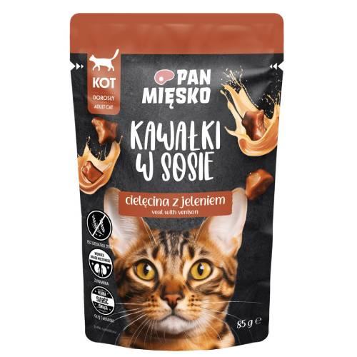 Miniaturka artykułu - Pan Mięsko Karma mokra dla kota Kawałki w sosie Cielęcina z jeleniem (dorosły), 85 g