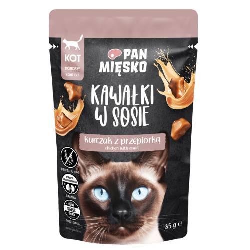 Miniaturka artykułu - Pan Mięsko Karma mokra dla kota Kawałki w sosie Kurczak z przepi&oacute;rką (dorosły), 85 g
